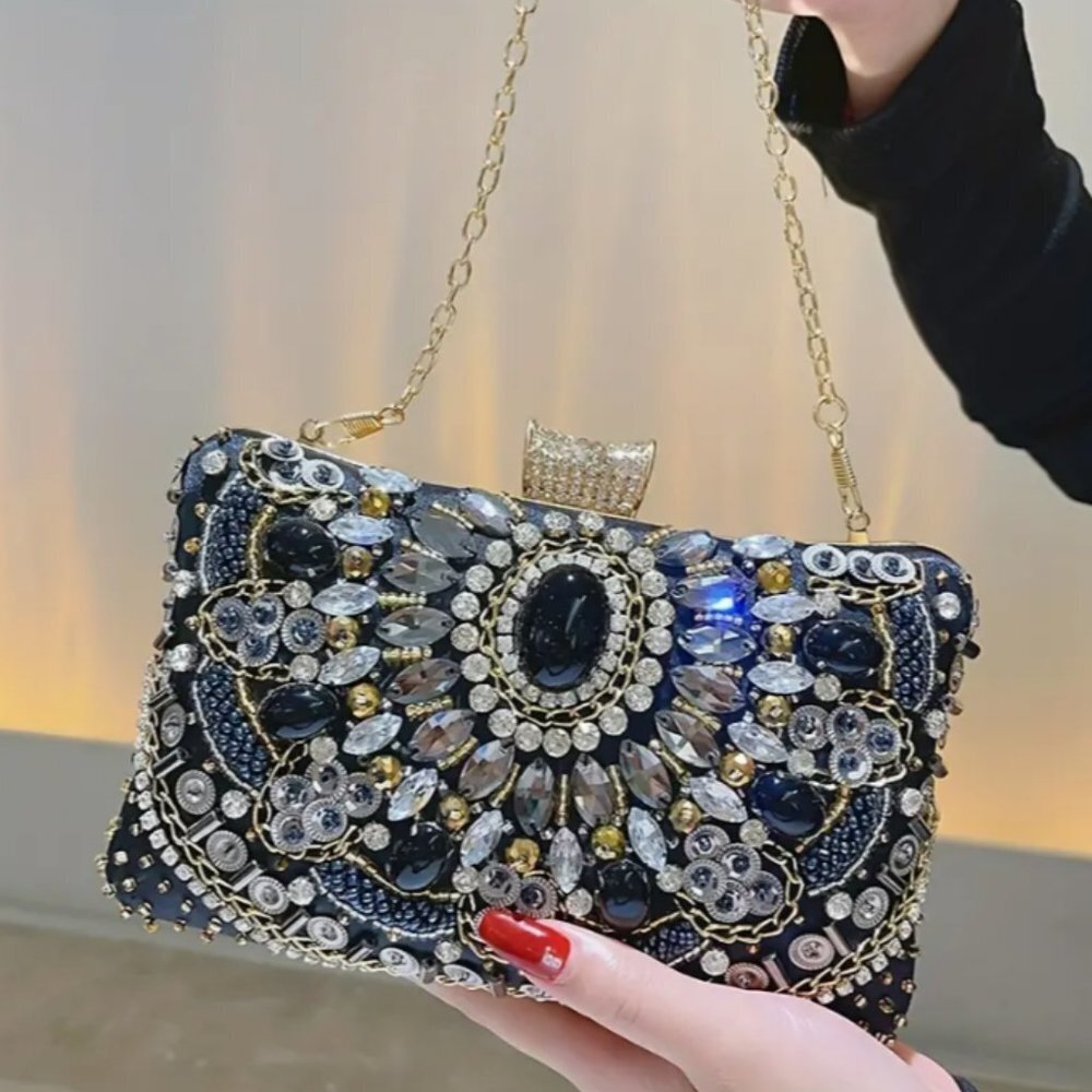 Beaded Rhinestone Evening Bag, Elegant Box Clutch Purse, Wedding Handbag #013.28